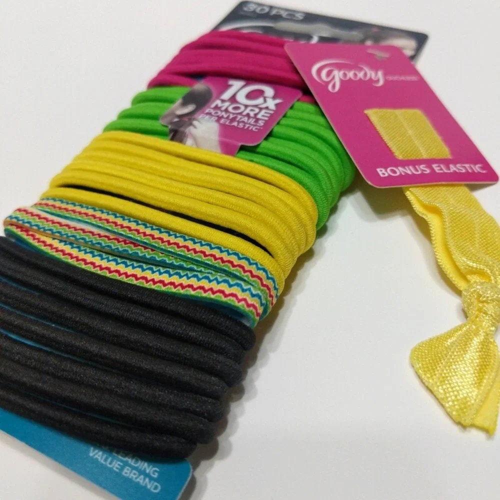 Goody Ouchless Hair Ties 30 PCS Black Pink Green w/ Yellow Ribbon Elastic
